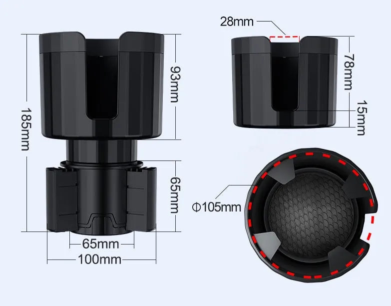 Matte black adjustable car cup holder expander for large bottles installed in a centre console.