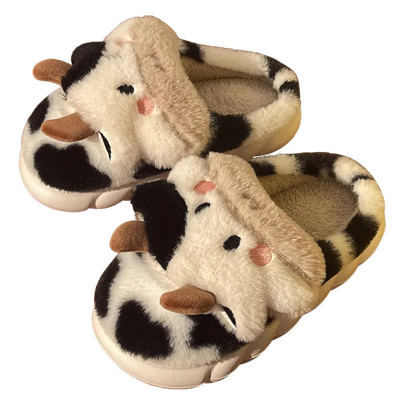 White cow animal slippers with plush faux fur and textured anti-slip soles