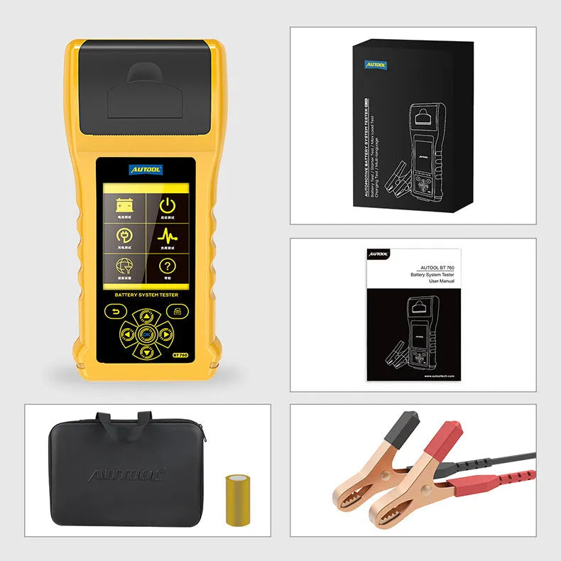 Autool BT760 digital vehicle battery tester with colour screen, test clips, and thermal printer.