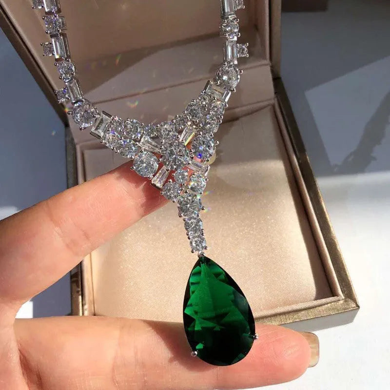 Silver gold-plated moissanite diamond pendant necklace with natural emerald drop shape on 50cm chain