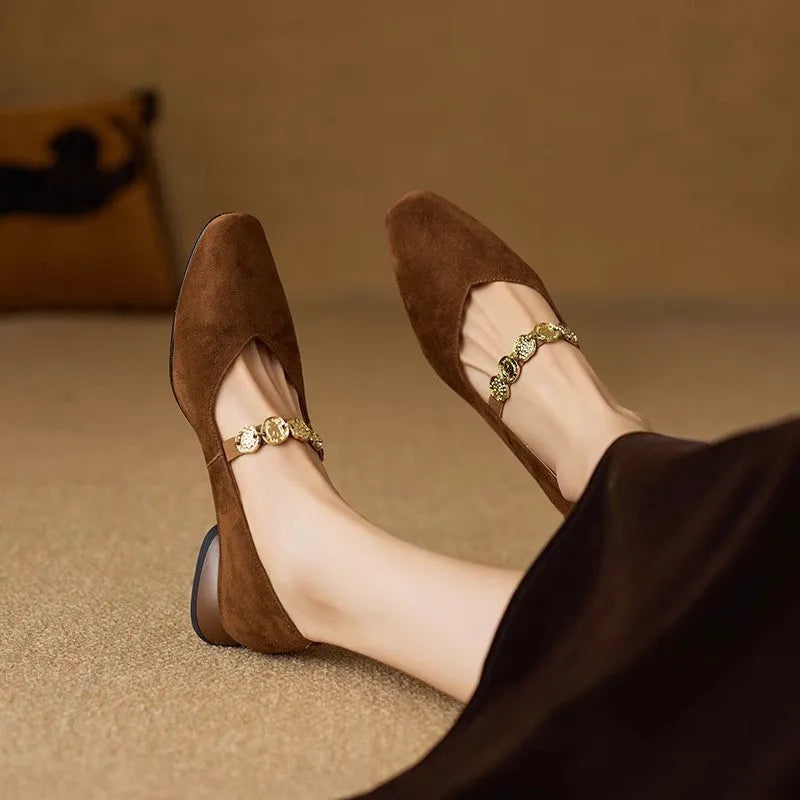French retro square toe low-cut suede pumps for women in black, low top with rubber sole