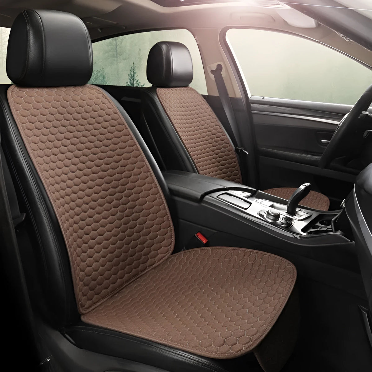 Natural linen solid colour car seat cushion in black, universal five-seat fit with cotton filling