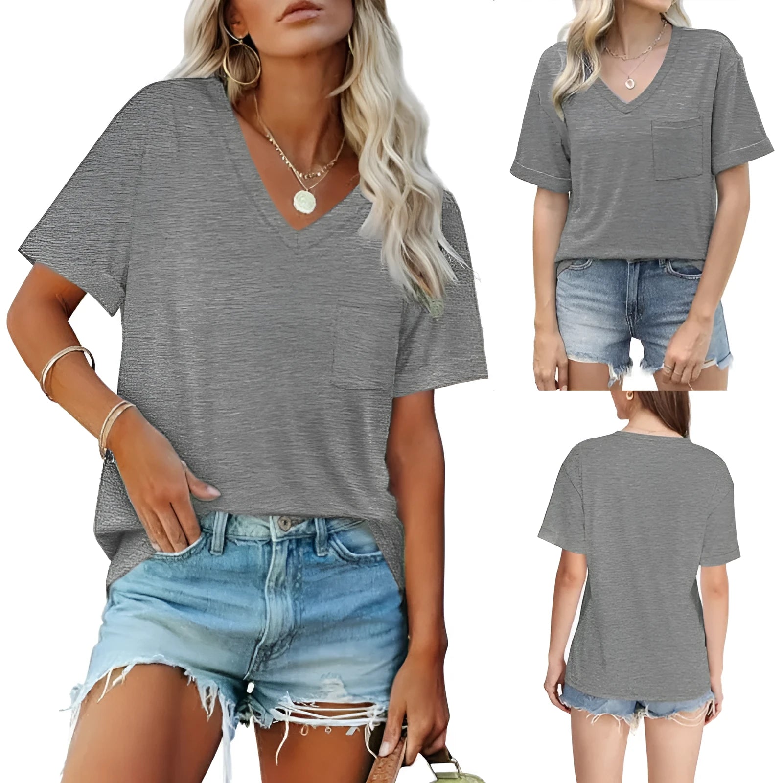 Grey loose fit V-neck t-shirt with a chest pocket on a solid background