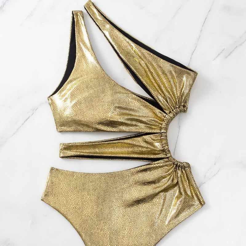 Gold backless one-piece women's swimsuit with high elasticity and spandex lining