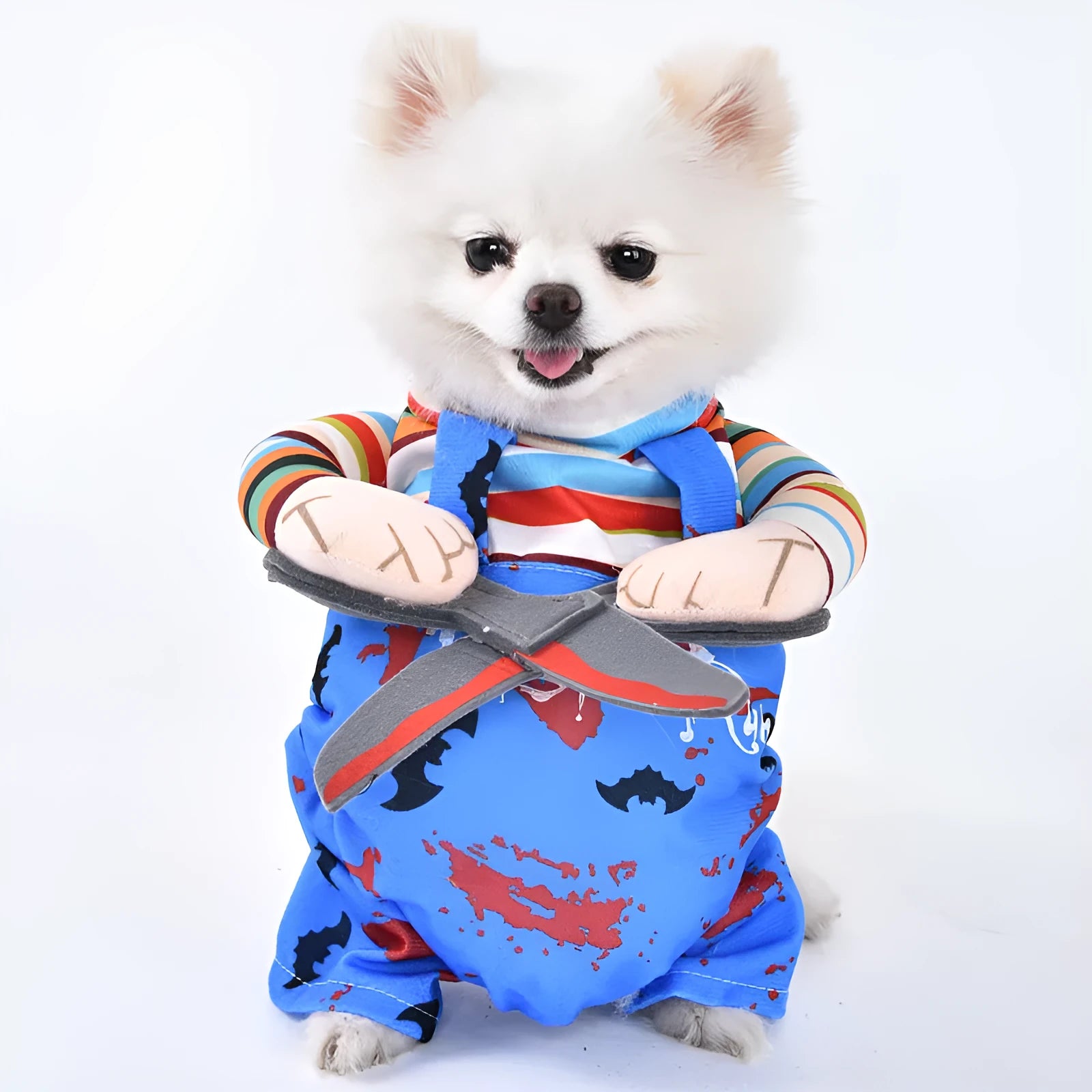 Halloween dog costume selection showing bat suit, devil outfit, and space clothing styles for pets