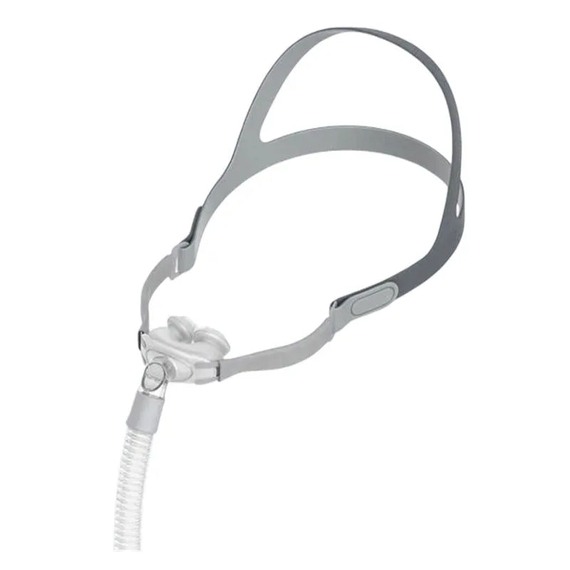 Gray plastic household respirator nose pillow mask for adults with silicone cushion, side view
