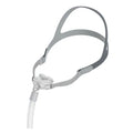 Gray plastic household respirator nose pillow mask for adults with silicone cushion, side view