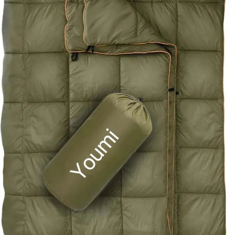 Army green outdoor portable down shawl camping blanket, 140 x 200cm, shown folded and worn over shoulders