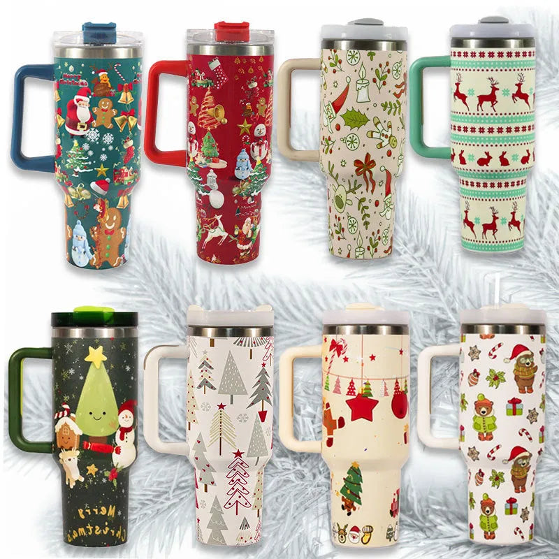 Christmas pattern stainless steel vacuum tumbler with handle and straw, 1200ml capacity