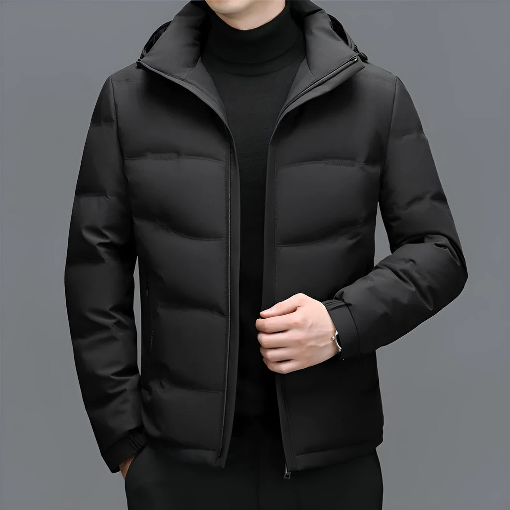 Men's thick down jacket detachable hooded in black, loose fit with white duck down filling, polyester shell
