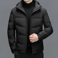Men's thick down jacket detachable hooded in black, loose fit with white duck down filling, polyester shell