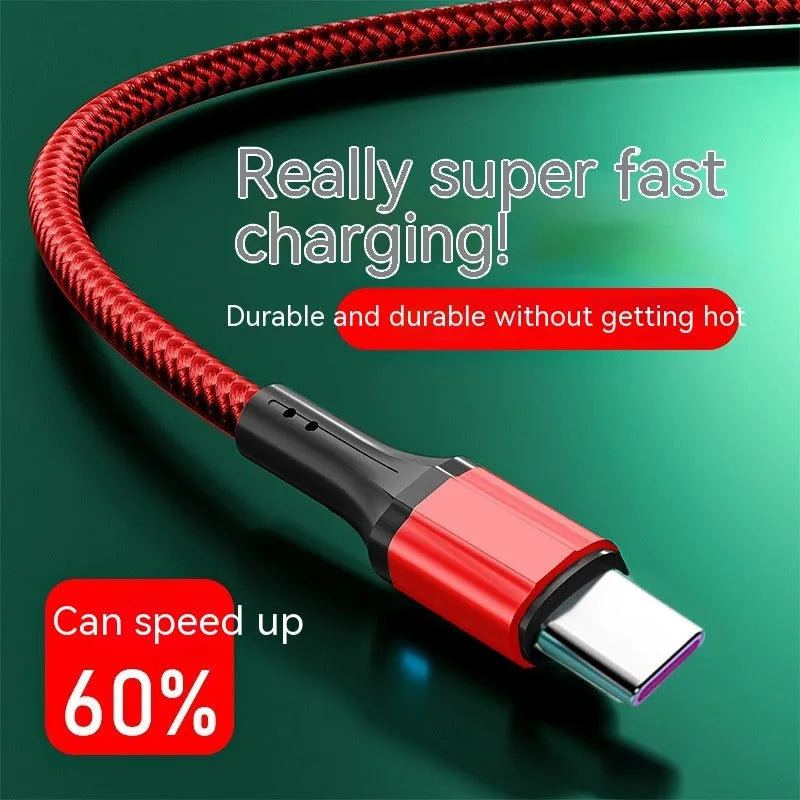 Nylon braided Type-C fast charging cable in red, black, or green colours with 60W power output