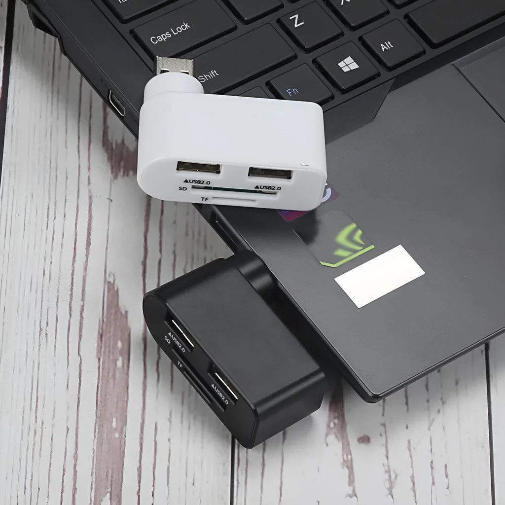 USB 2.0 hub and multi-function card reader splitter with three-port docking station in black or white ABS