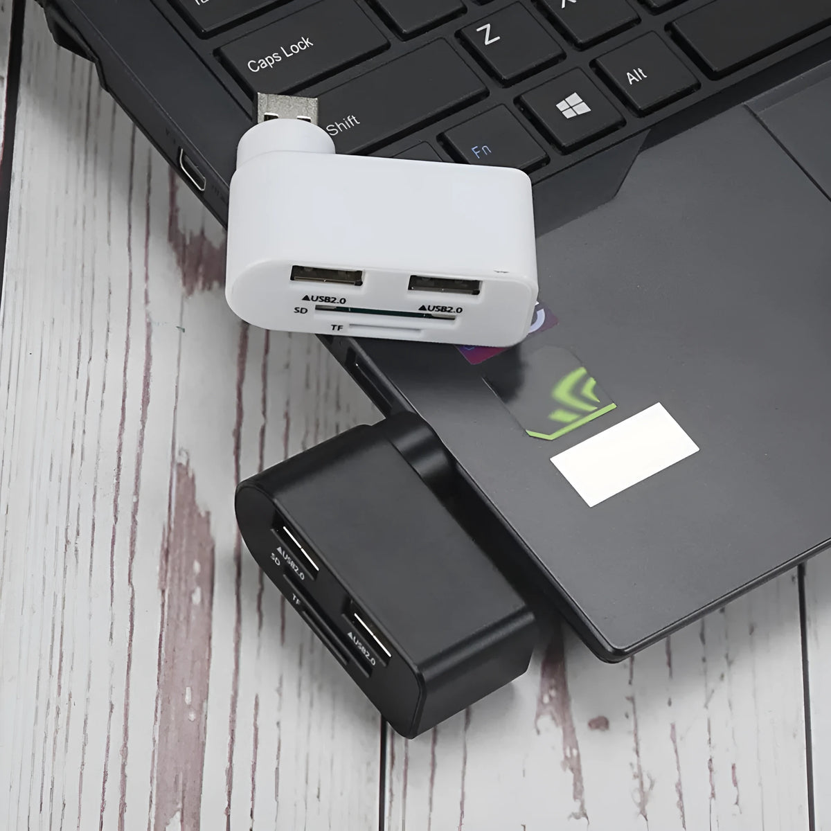 USB 2.0 hub and multi-function card reader splitter with three-port docking station in black or white ABS