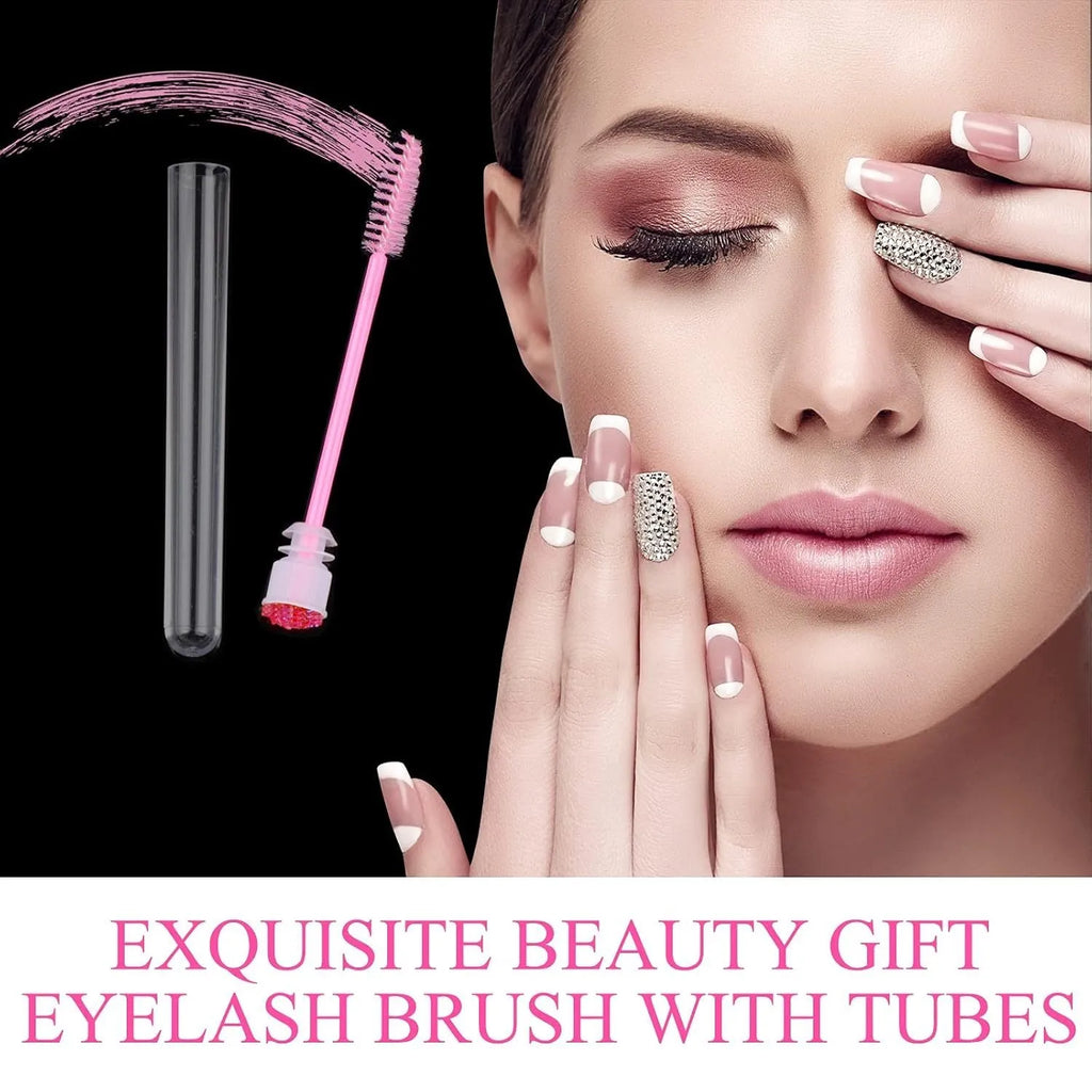 Disposable eyelash spoolie brushes in coloured plastic tubes for mascara and extension cleaning