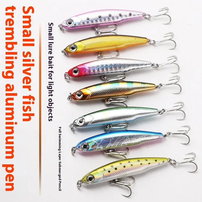 Small silver fish pencil bait lure set with double hooks, five pieces and box, 3.5g to 13g