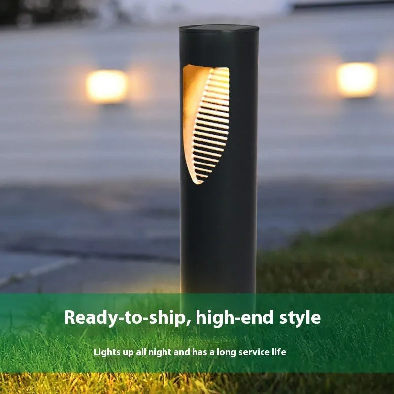 Black geometric abstract solar garden light with stainless steel and plastic construction for outdoor use