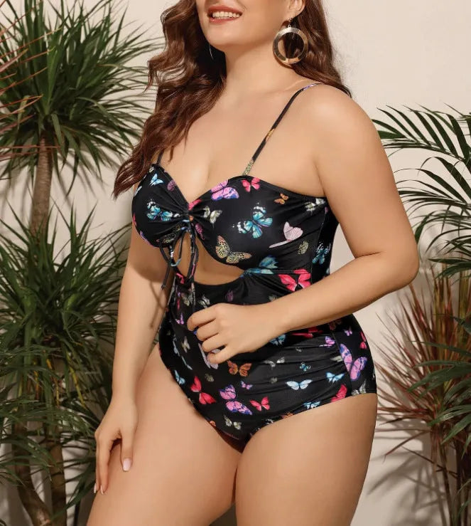 Plus size women's black one piece swimsuit with print pattern, high elasticity polyester fabric, size 2XL