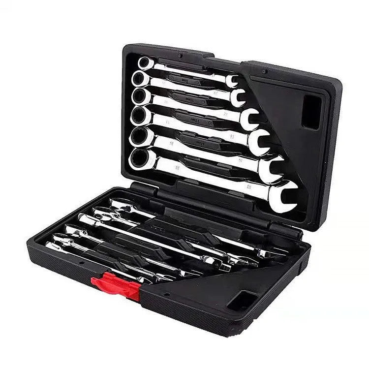 12-piece dual-purpose ratchet wrench set in plastic case with metric sizes 8-19mm
