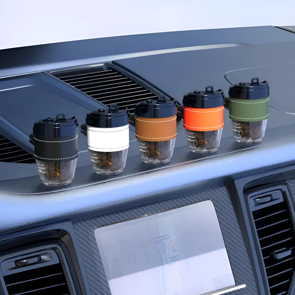 Coffee cup shaped car air freshener with solid coffee beans fragrance in choice of five colours