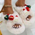 Women's Christmas slippers with faux plush hairy hat decoration, rubber sole, in black, khaki, or white.