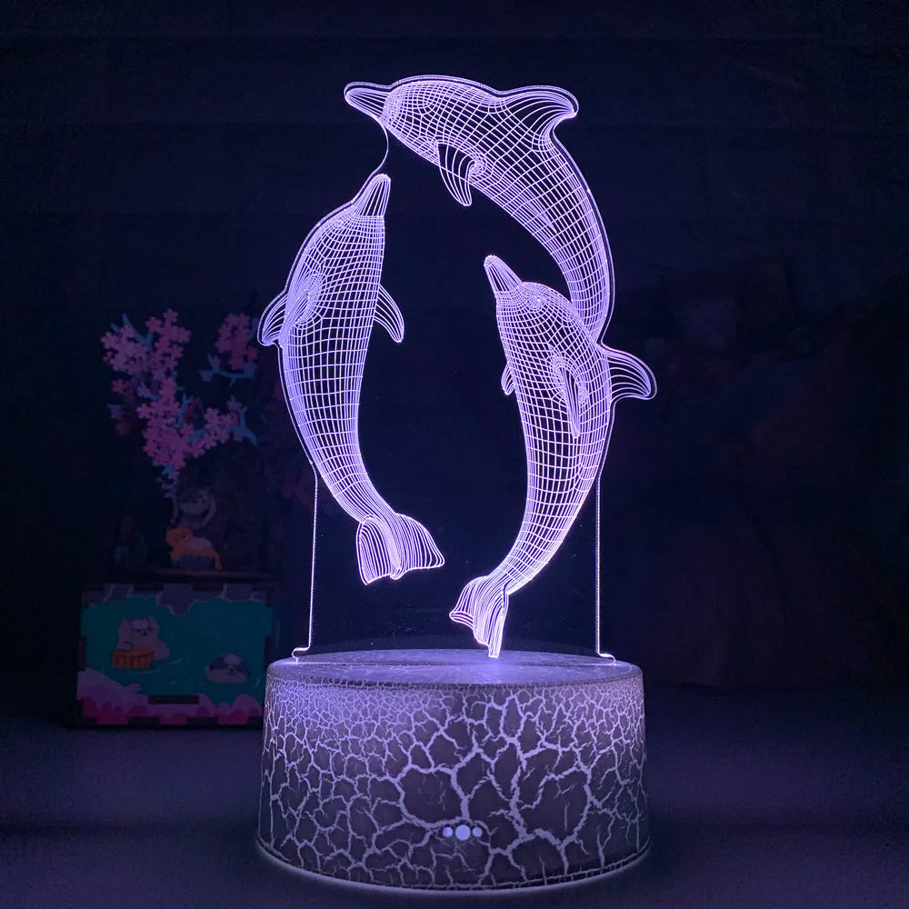 3D dolphin LED night light with acrylic board and ABS base, black or crackle, touch and remote control, USB powered.