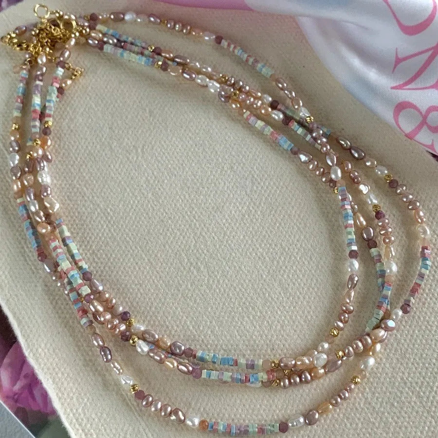 Purple natural pearl bracelet and necklace set with 14K gold-plated silver chain.