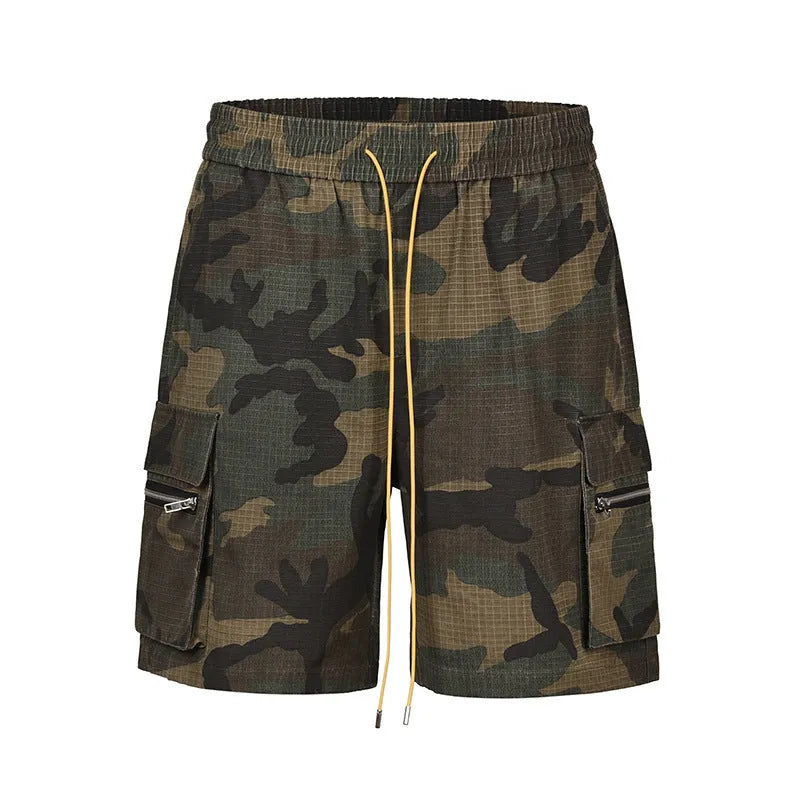 Men's camouflage pattern multi-pocket work shorts in a cropped length.