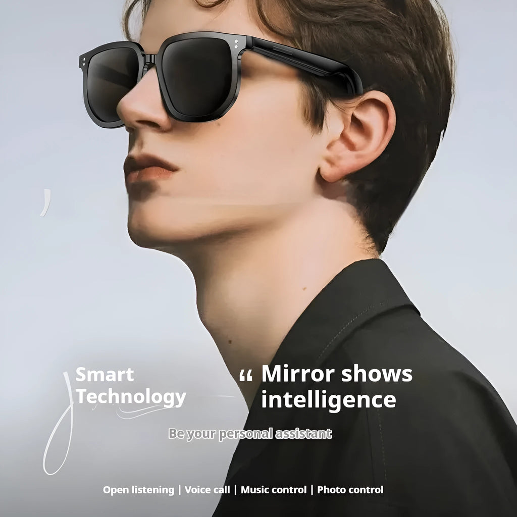 Black AI smart glasses with Bluetooth audio, touch controls, and UV-protective PC lenses.