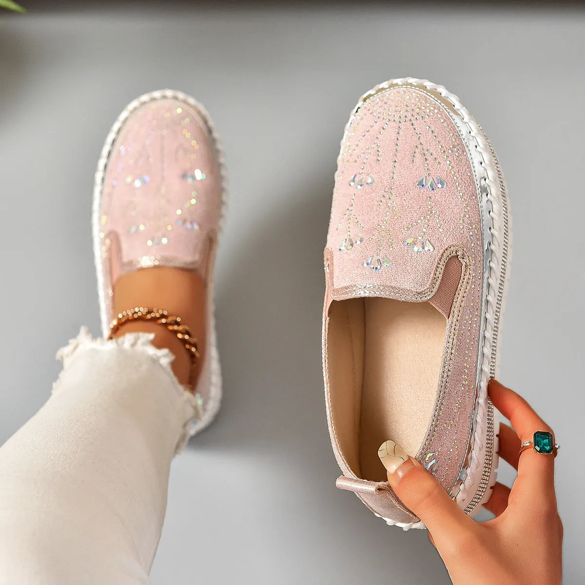 Casual slip-on sneakers with rhinestone platform thick bottom suede upper round toe mid heel
