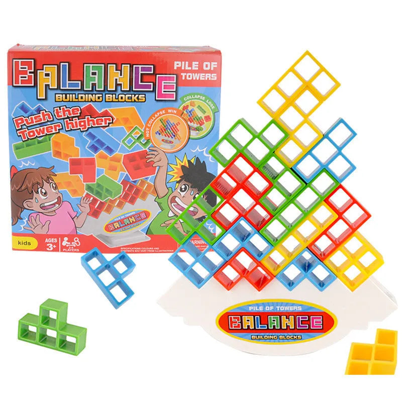 Plastic balance stacking game with 16 colourful building blocks on chassis for children aged 3+