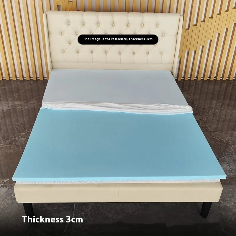 Thin gel memory cotton tatami mattress on a floor, showing its slim profile and textured cover.
