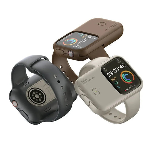 Apple Watch portable charging case with silicone sleeve, shown alongside compatible watch.