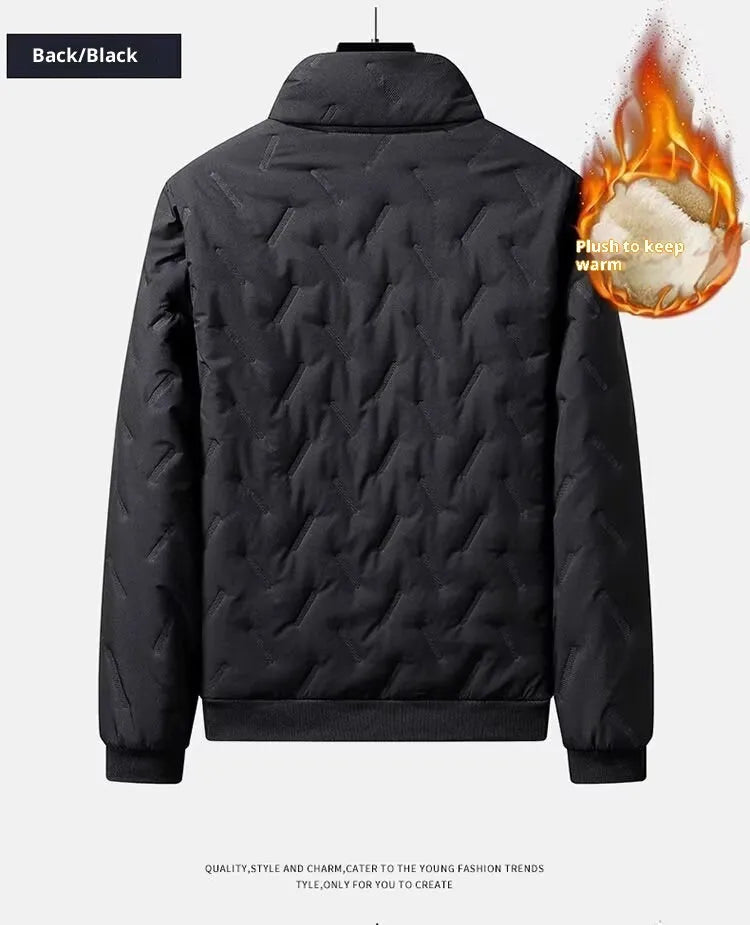 Men's black thickened fleece polyester zippered jacket and tapered pants set with turn-down collar and zippered pockets