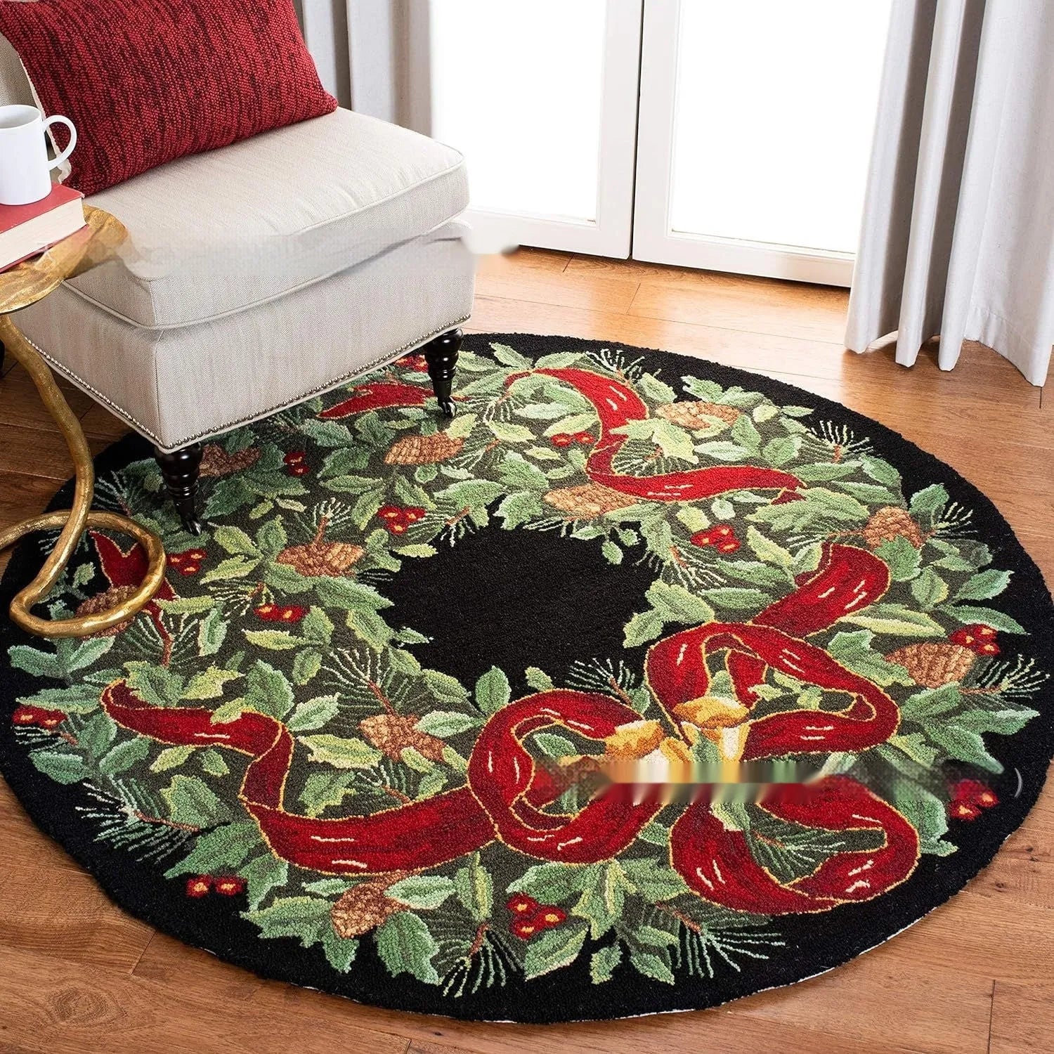 Christmas carpet with round pad design in polyester fibre available in 60cm and 80cm square sizes