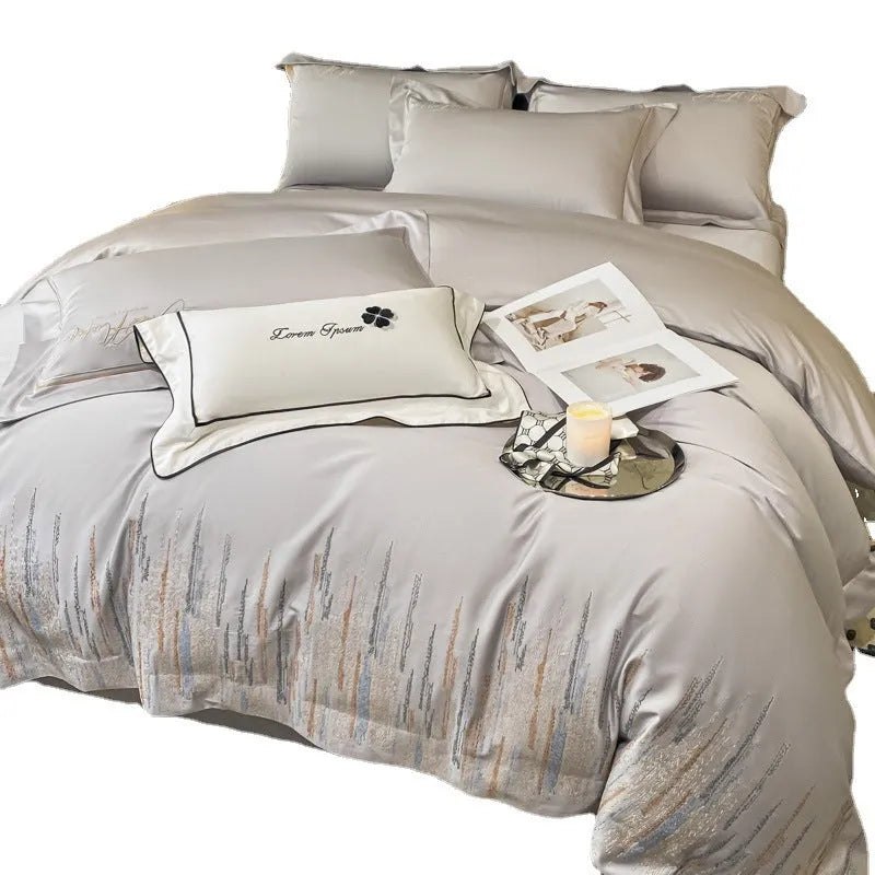 Pure cotton four-piece bedding set in Dove Gray with embroidery, 200x230 cm quilt cover