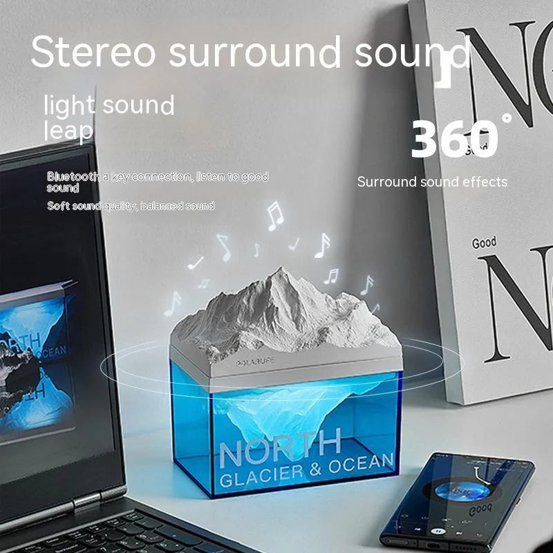 Glacier night light Bluetooth speaker on bedside table with soft ambient glow and compact size 13.8 x 8.5 cm