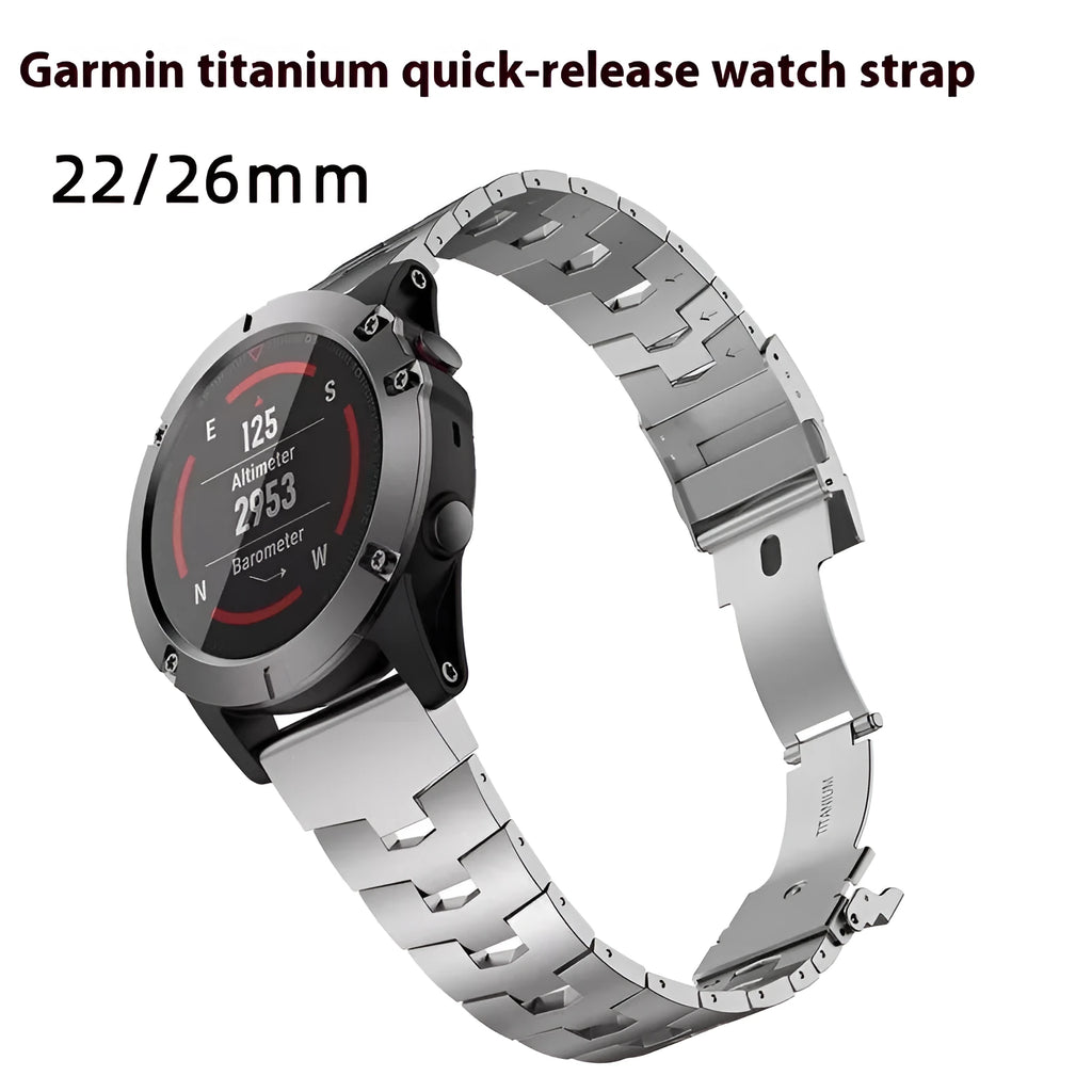 Garmin Jiaming Fenix watch strap in silver, black, or titanium colours, showing 22mm and 26mm size options.