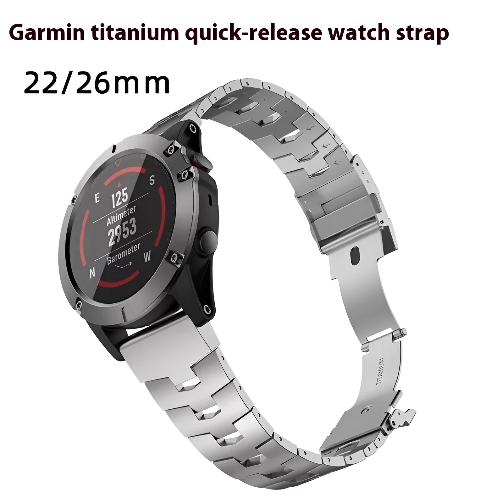 Garmin Jiaming Fenix watch strap in silver, black, or titanium colours, showing 22mm and 26mm size options.