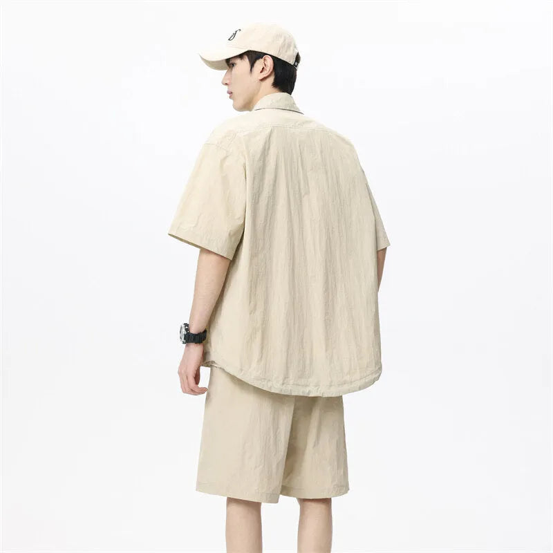 Men's loose casual hemp blend two-piece set with shirt and shorts in four colour options