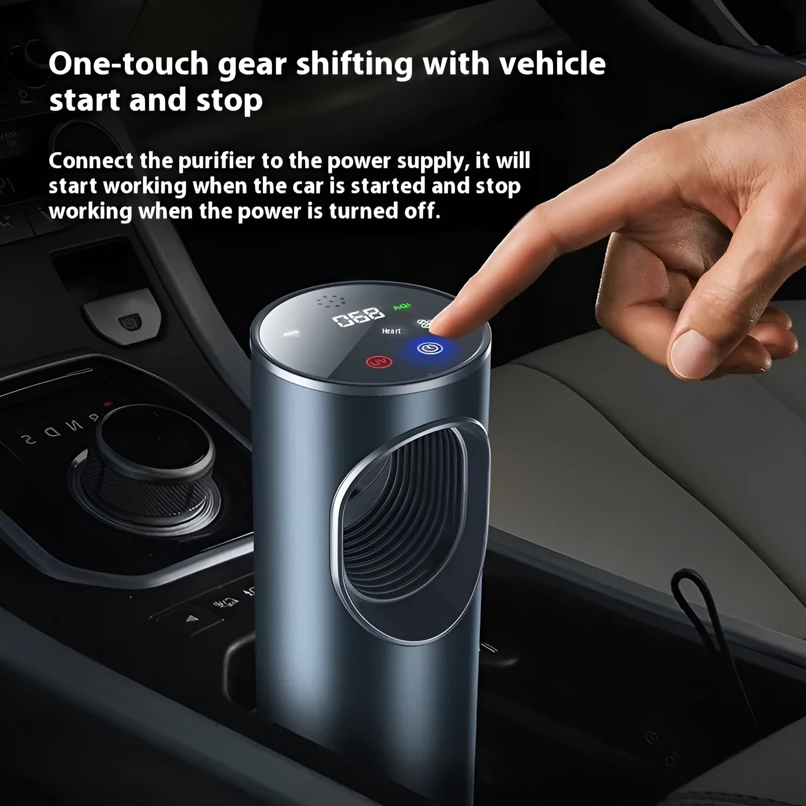 Black USB car air purifier for formaldehyde removal and ion generation on a car dashboard
