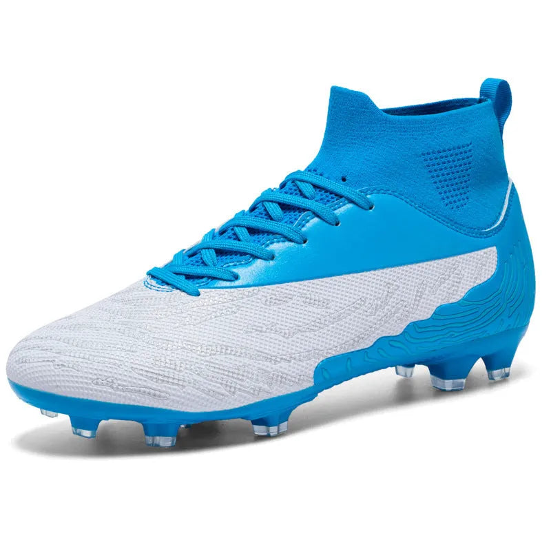 Breathable spike football boots with PVC upper and lace-up closure on grass