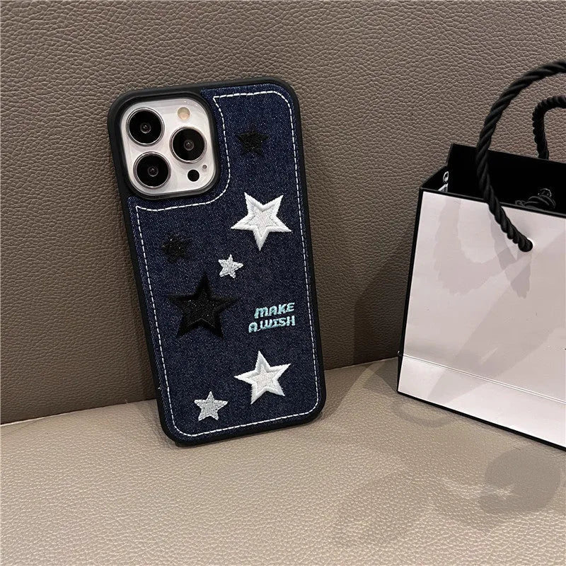 Cowboy embroidery star phone case protector in denim blue for iPhone