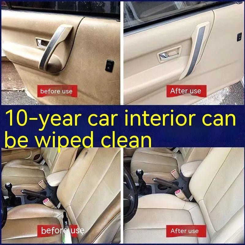 Wash-free fabric roof foam decontamination cleaner bottle with towel and sponge wipes for car interior cleaning.