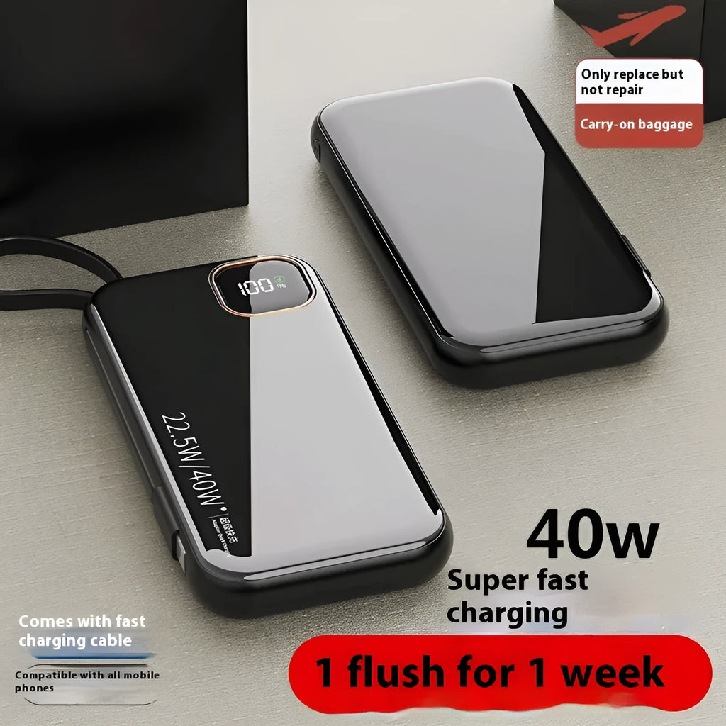 Black portable power bank with integrated charging cable showing compact 170mm x 68mm size.