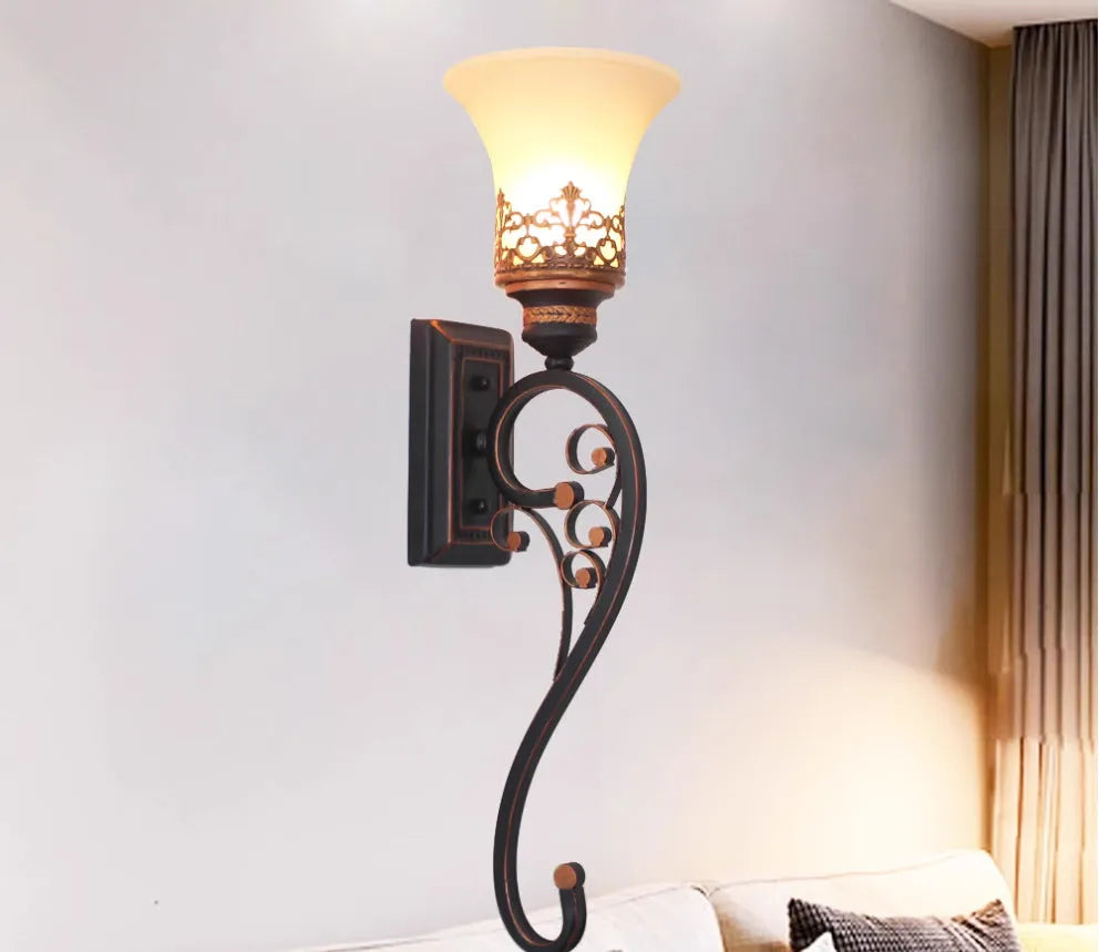 American wrought iron single head mirror cabinet wall lamp with glass shade, 55cm tall, matte black finish