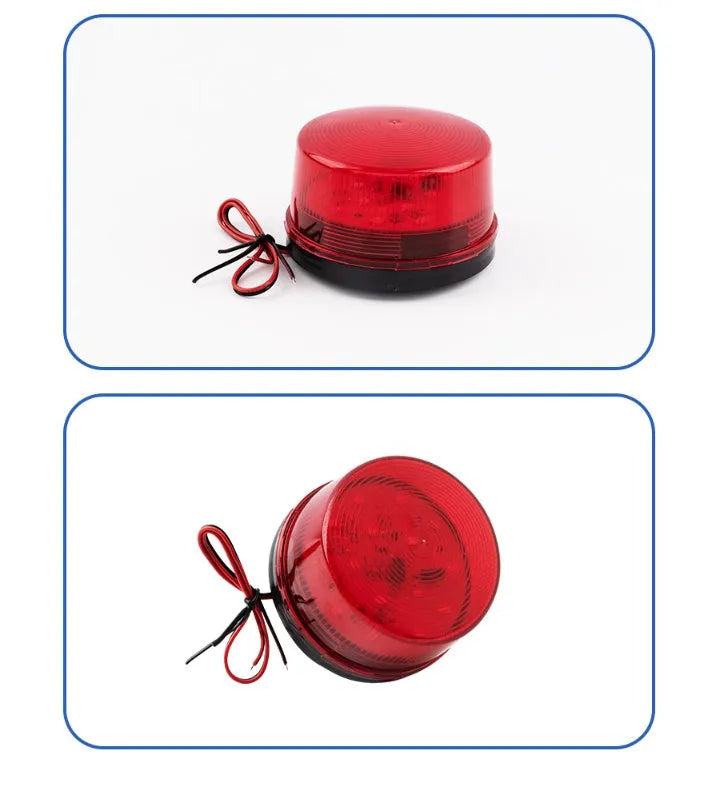 Small red 24V flashing warning light and alarm with mounting base.