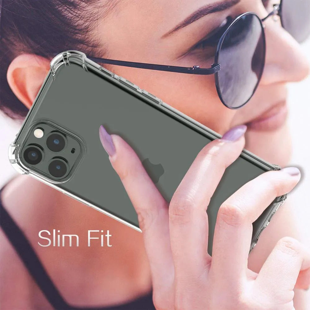 A clear, flexible TPU shockproof phone case designed for various Apple iPhone models.