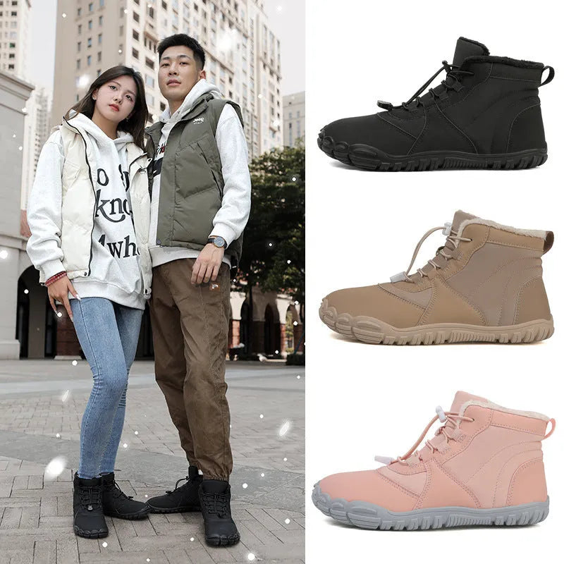 Round-toe unisex snow boots in black on a white background, showing front lace-up design and rubber sole.