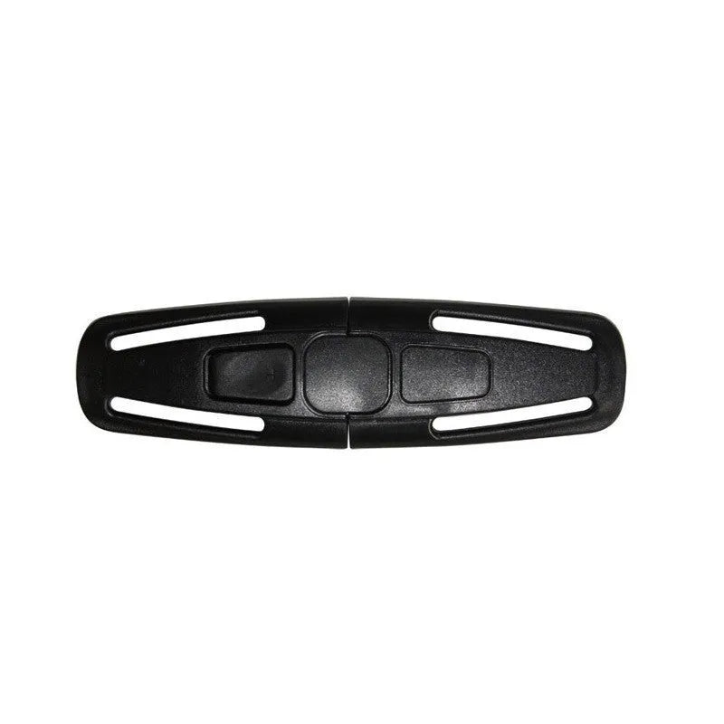 Black nylon seat belt buckle clip for child car seat 5-point harness measuring 14.5cm by 4cm
